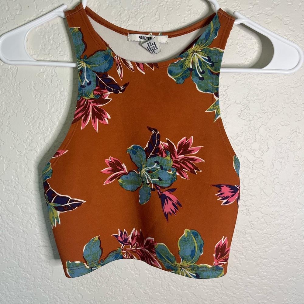 Forever 21 top! Dark orange with blue, green, and pink flower designs!